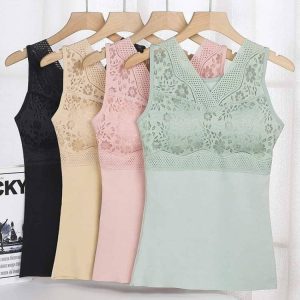 Women’s Seamless Lace Camisole with Built-In Bra – Padded Sleeveless Tank Top