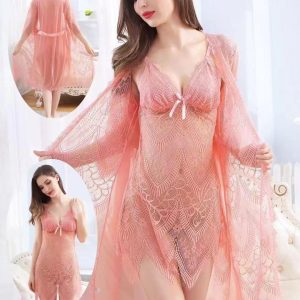 Women’s Lace Babydoll Nightdress with Robe – 2 Piece Sheer Sleepwear Set