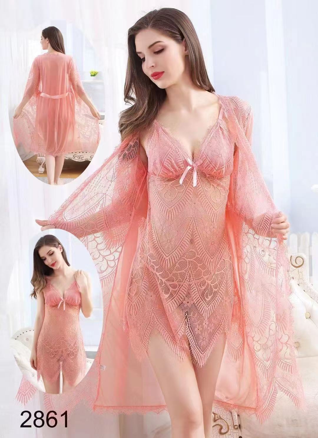 Women’s Lace Babydoll Nightdress with Robe – 2 Piece Sheer Sleepwear Set