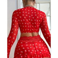 Women’s Red Heart Print Lingerie Set – Lace Bra Top with Mini Skirt & Shrug