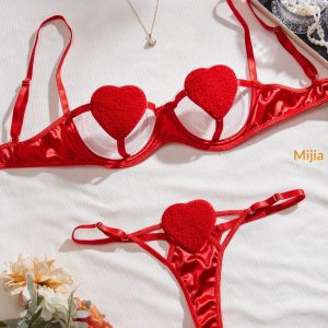 Women’s Heart Shape Open Cup Bra & Panty Set – Satin Lingerie