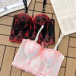 Women’s Embroidered Lace Longline Push Up Bra – Corset Style Bra