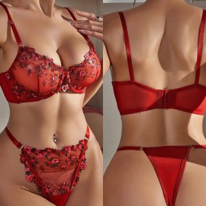 Red Floral Embroidery Bra & Panty Set for Women – Elegant Lace Lingerie