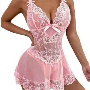 Women’s Lace Babydoll Nightdress – Sheer Mesh Floral Lingerie Sleepwear