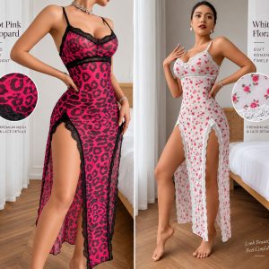 Women’s Lace Trim Long Night Dress – Floral & Leopard Print Slit Sleepwear